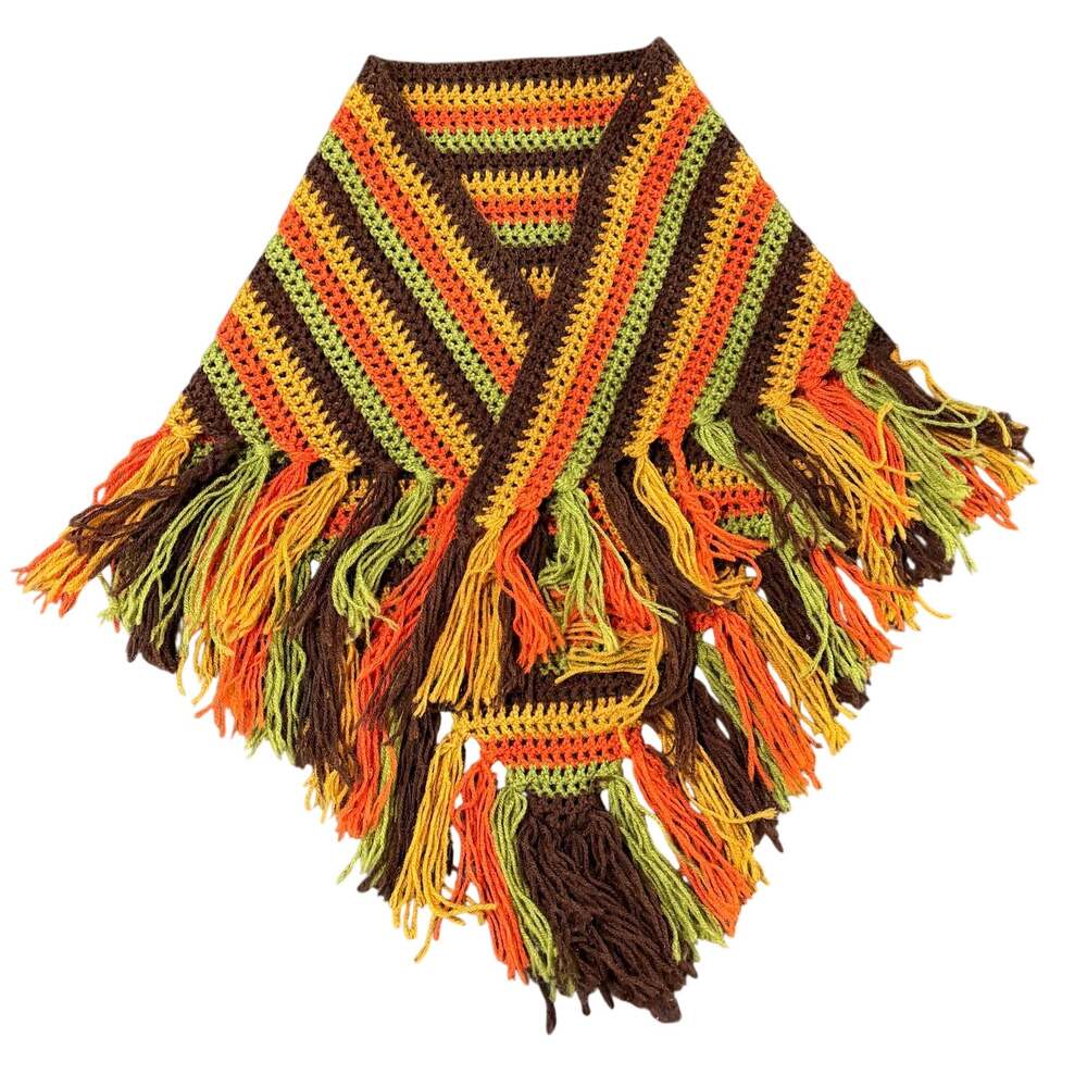 Vintage 1970s Crochet Shawl Wrap Striped Boho Fringe Poncho Cape